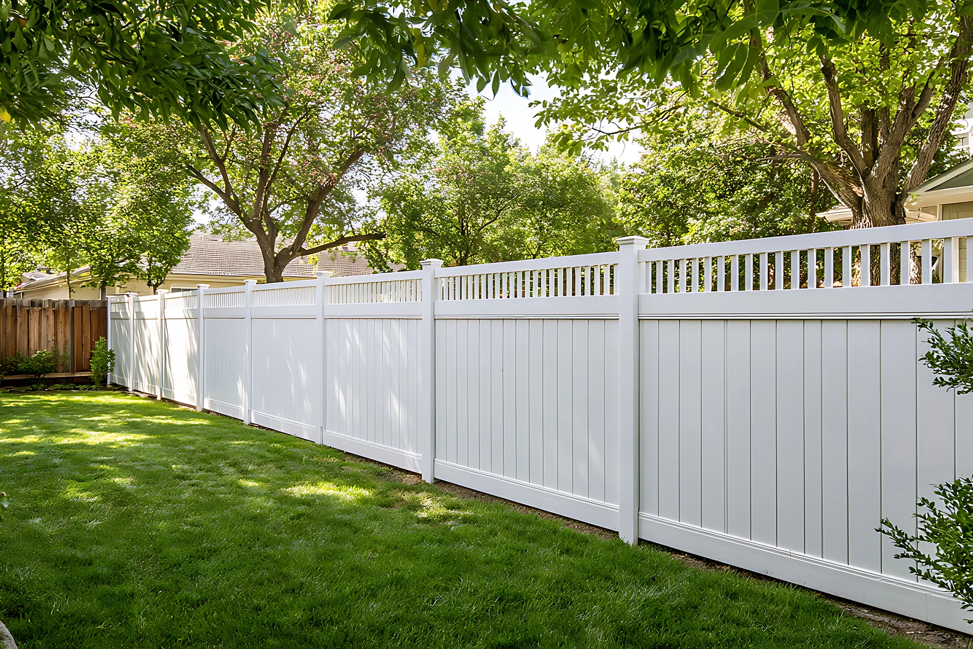 white vinyl privacy fence landscaping
